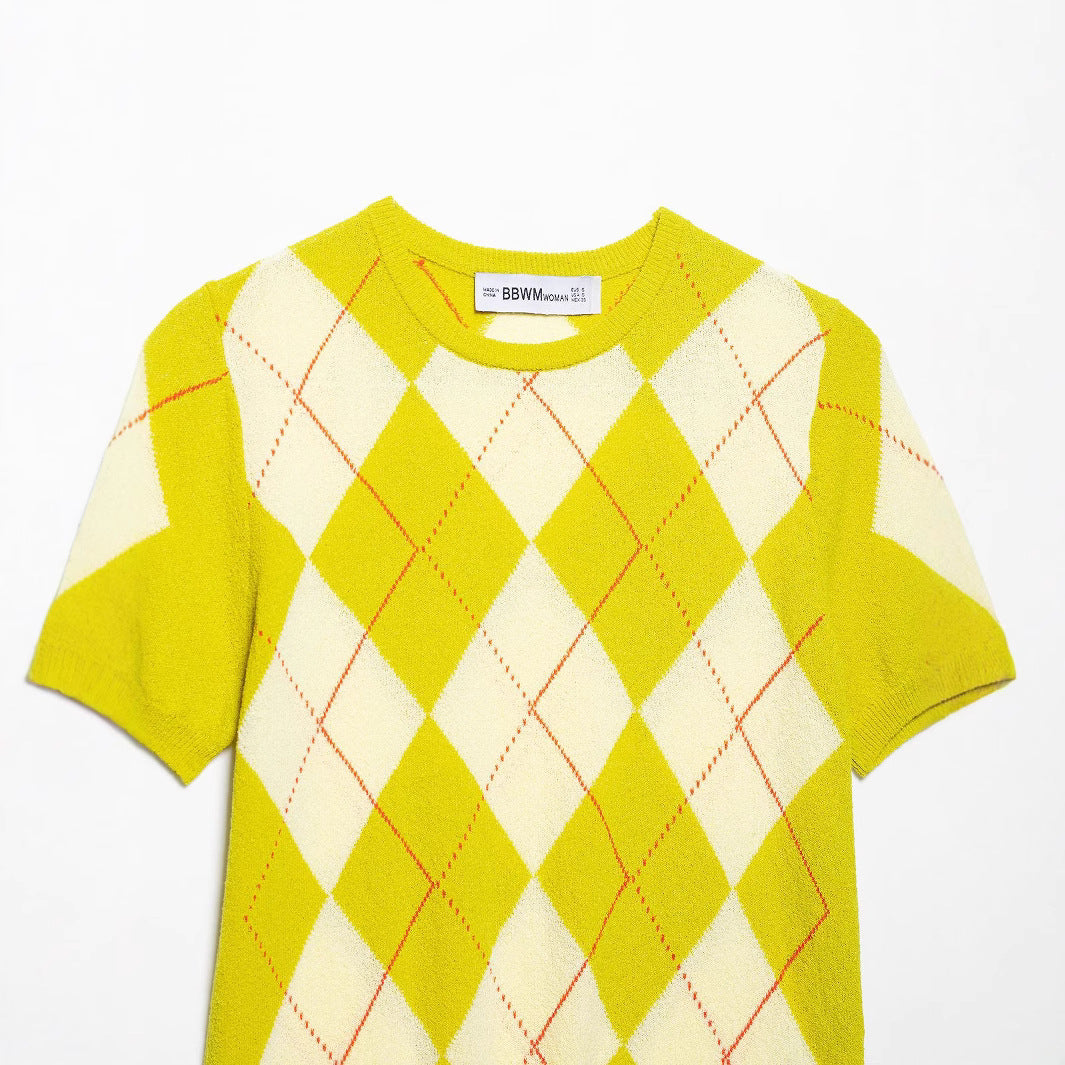 Femme Argyle-mønster Korte Ærmer Pullover Stilla