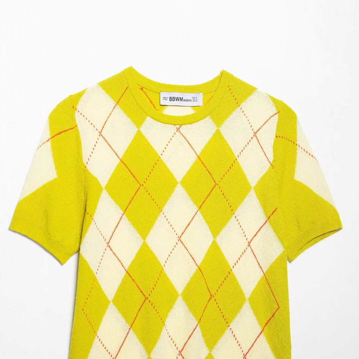 Femme Argyle-mønster Korte Ærmer Pullover Stilla