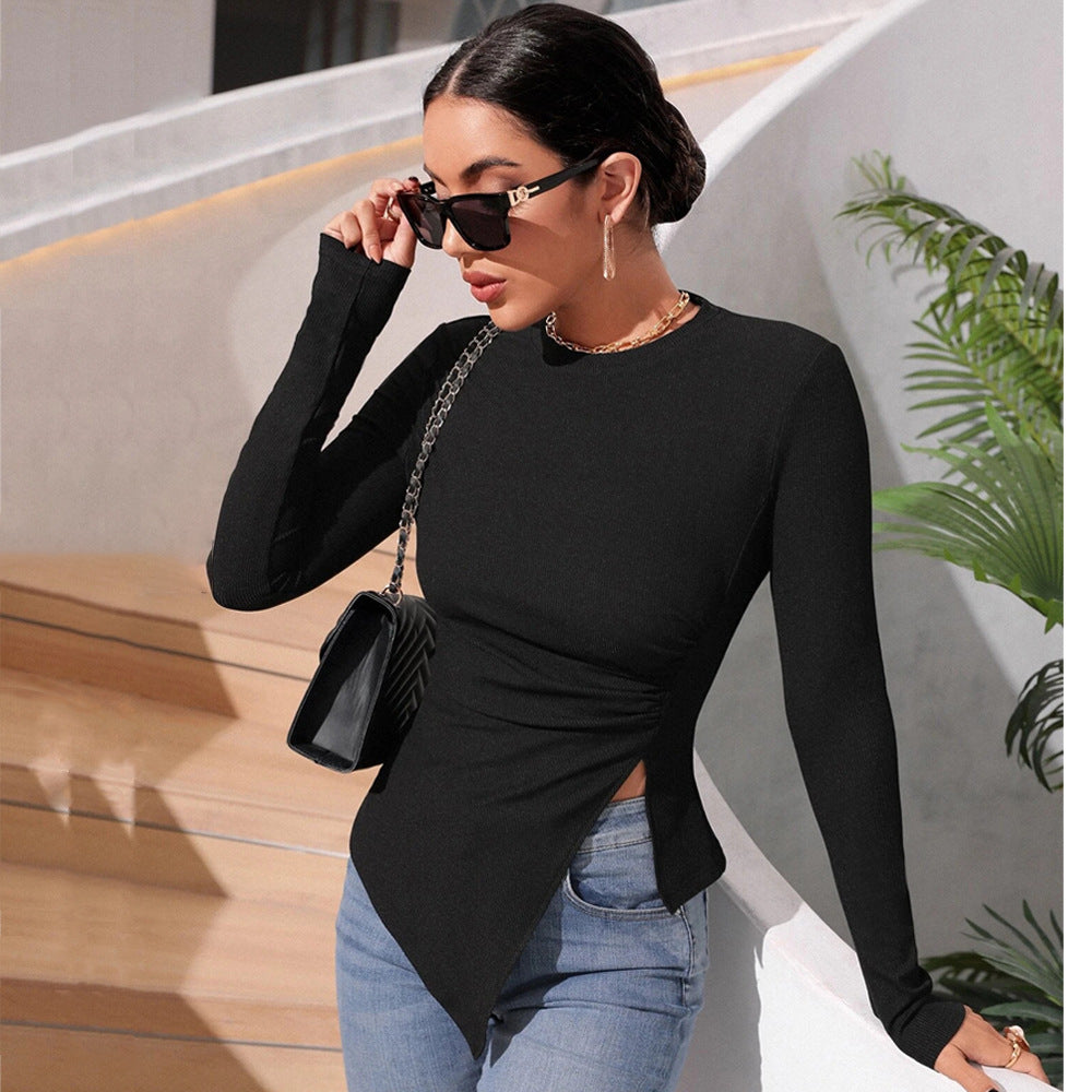 Kvinders langærmet omslagstopp med asymmetrisk snit og elegante volanger Stilla