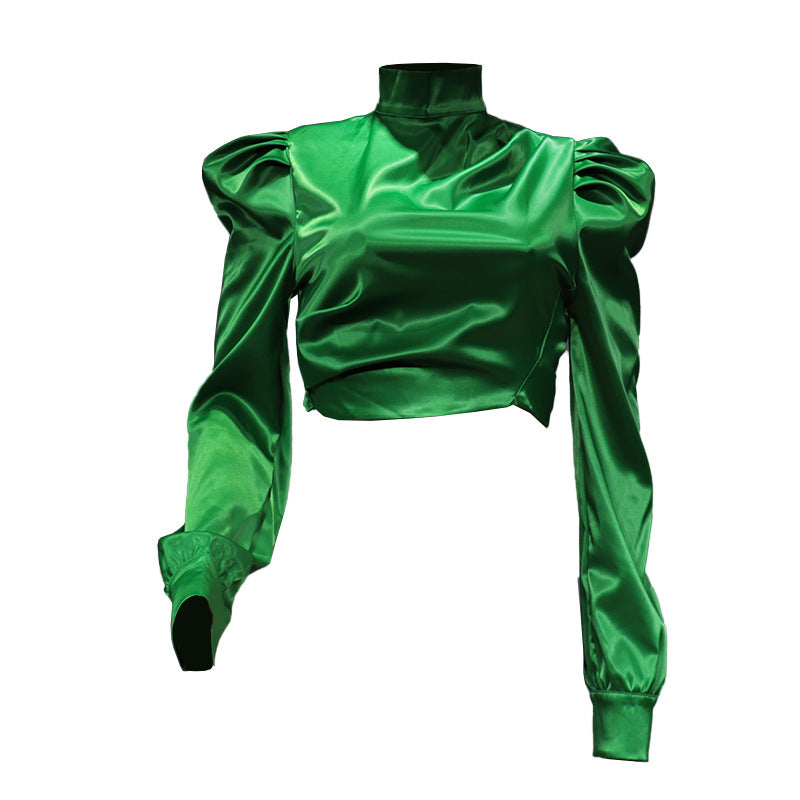 Dame Elegant Satin Bluse med voluminøse puffærmer Stilla