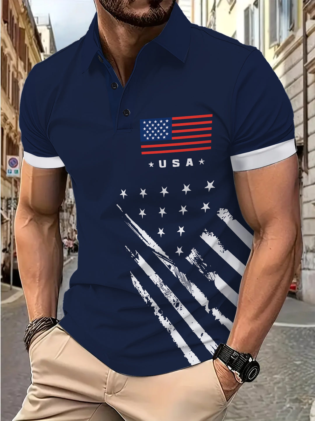 Herrer Poloshirt med dynamisk Stars-and-Stripes-design Stilla