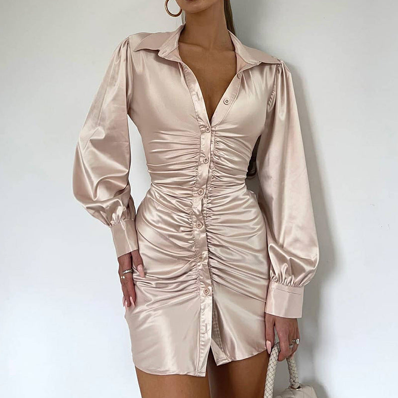 Dame Elegant Vavkjole i Satin med Rynker Stilla