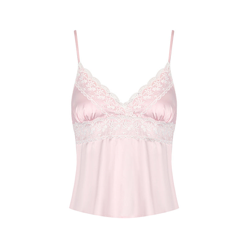Dame Nøgen-Satin Top med delikat spidsindsats og justerbare stropper Skovae