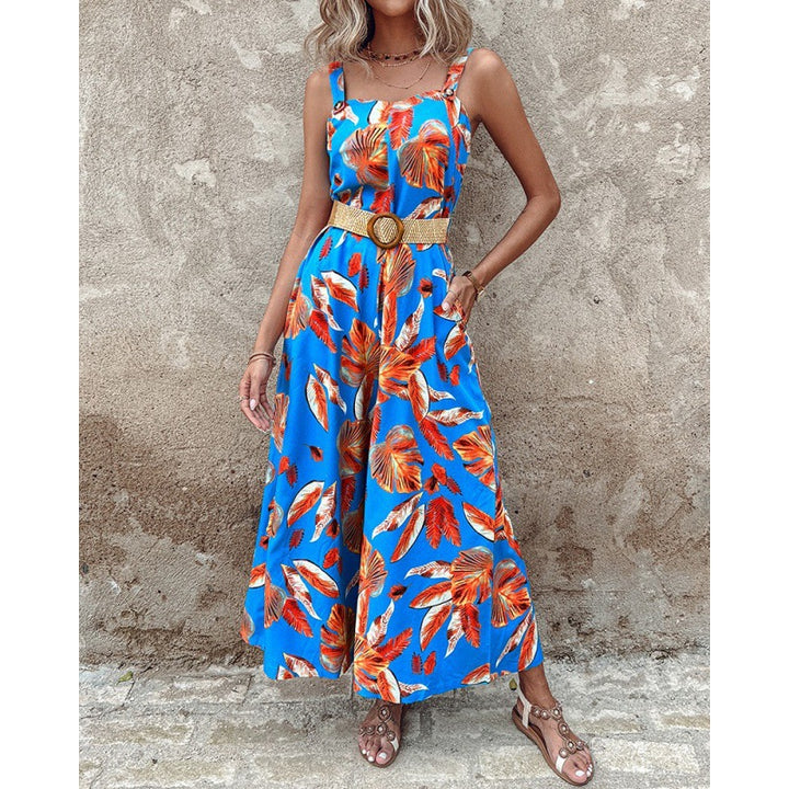 Femme Floral Print Jumpsuit med justerbare stropper og bælte Stilla