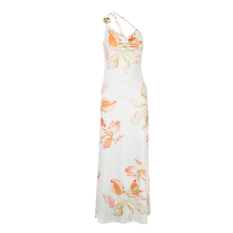 Dame maxikjole med asymmetrisk strop og blomstret print Skovae