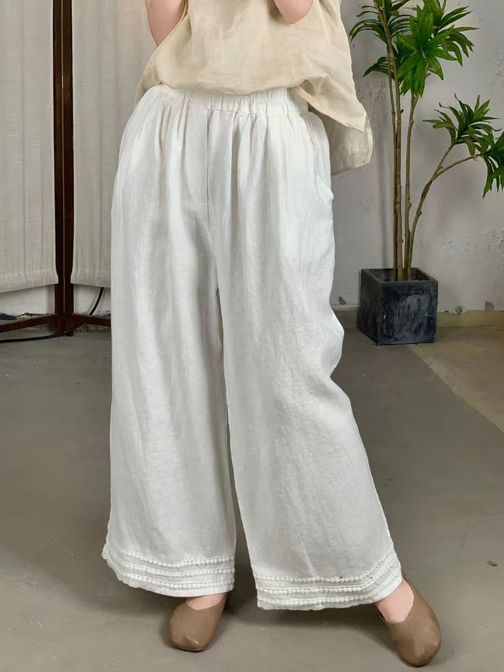 Femme Højskåret Løs Linned Culottes med Dekorativt Bånd Stilla