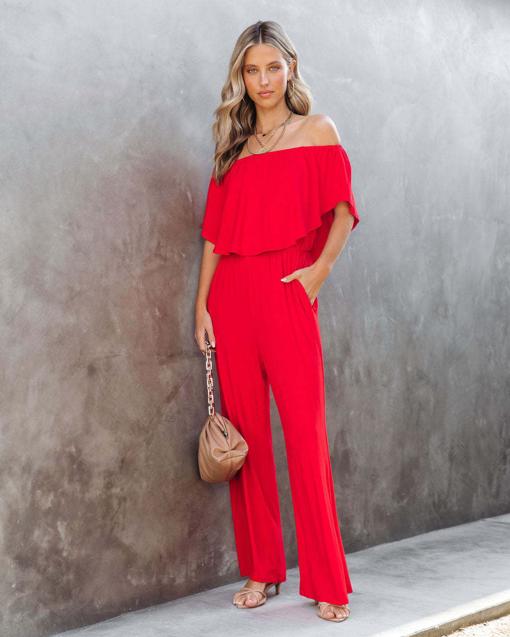 Dame Off-Shoulder Jumpsuit med bredt ben og elastisk talje Stilla