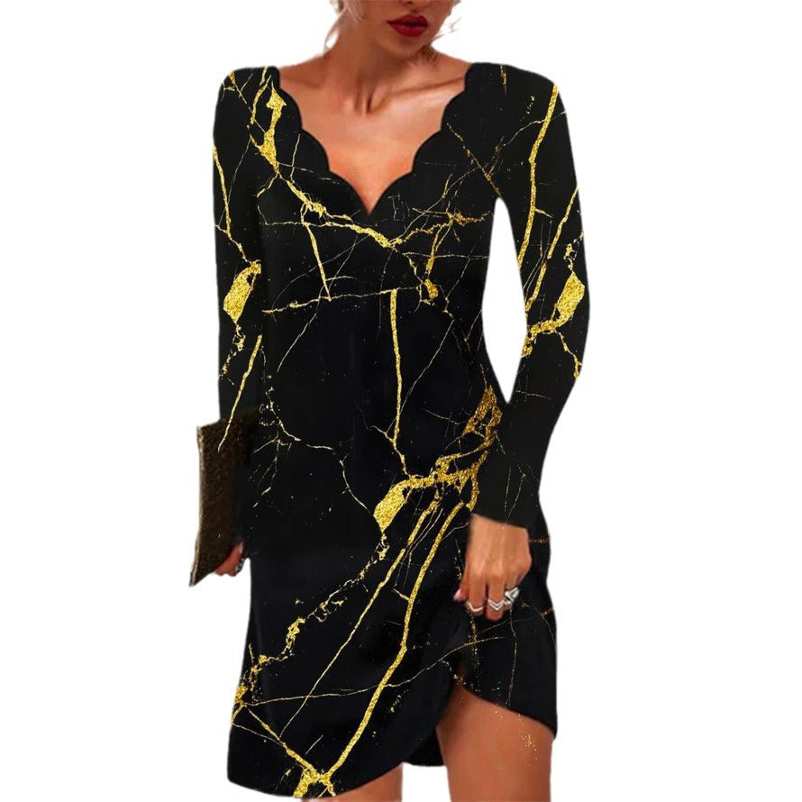 Stilla | Chic Printed Wave V-hals Langærmet Kjole