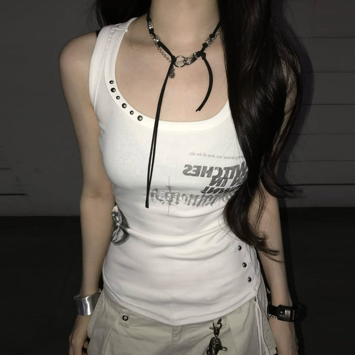 Dame Trendy Oversized Tanktop med iøjnefaldende grafisk tryk og flæser Skovae
