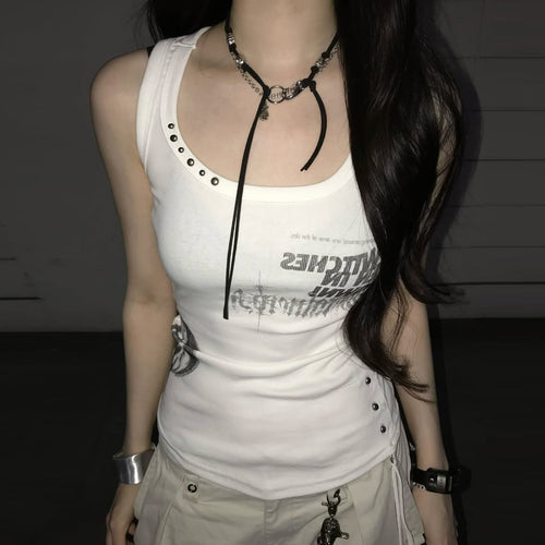 Dame Trendy Oversized Tanktop med iøjnefaldende grafisk tryk og flæser Skovae