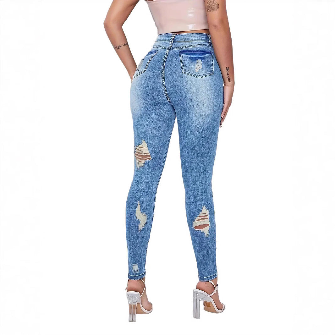 Dame højtaljede skinny jeans med moderigtige revnedetaljer og figurskabende stretch Stilla