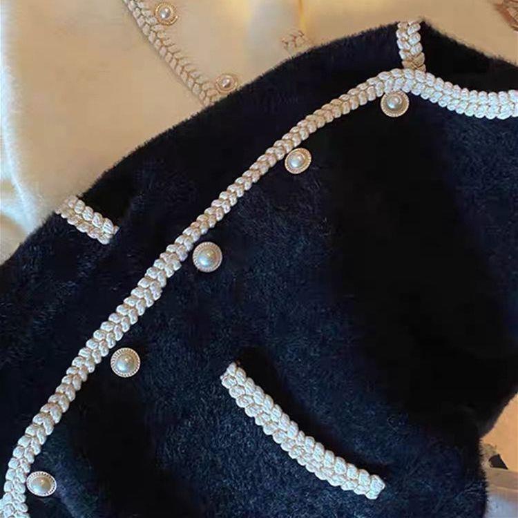 Dame Elegant Cardigan med Perle Dekorationer Stilla