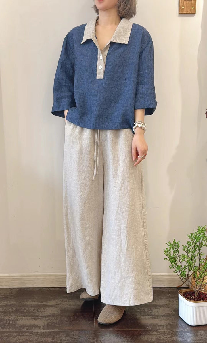 Femme Overstørrelser Linned Button-Up Top og Bredbenet Bukser Sæt Stilla