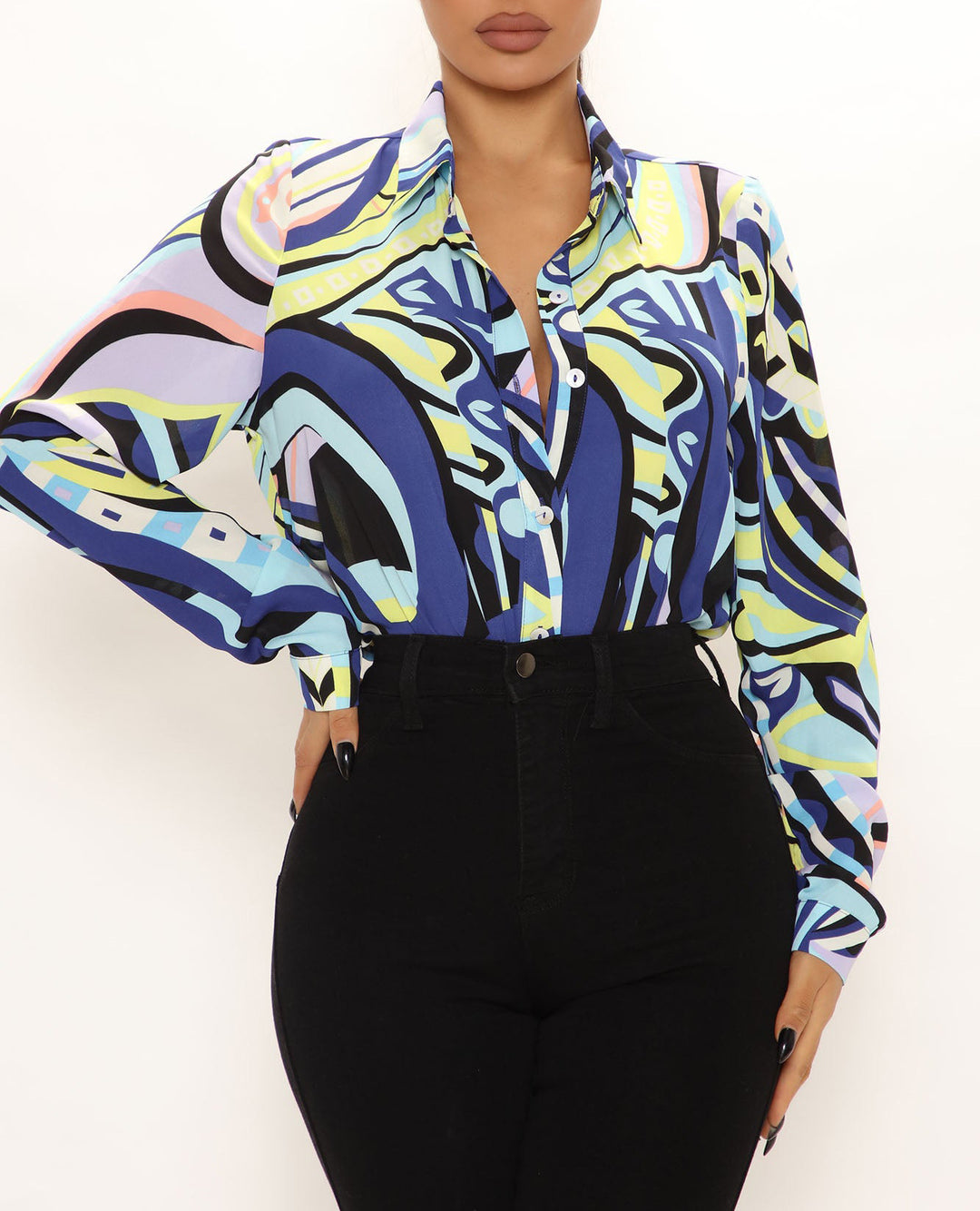 Dame elegant og farverig bluse med klassisk krave Stilla