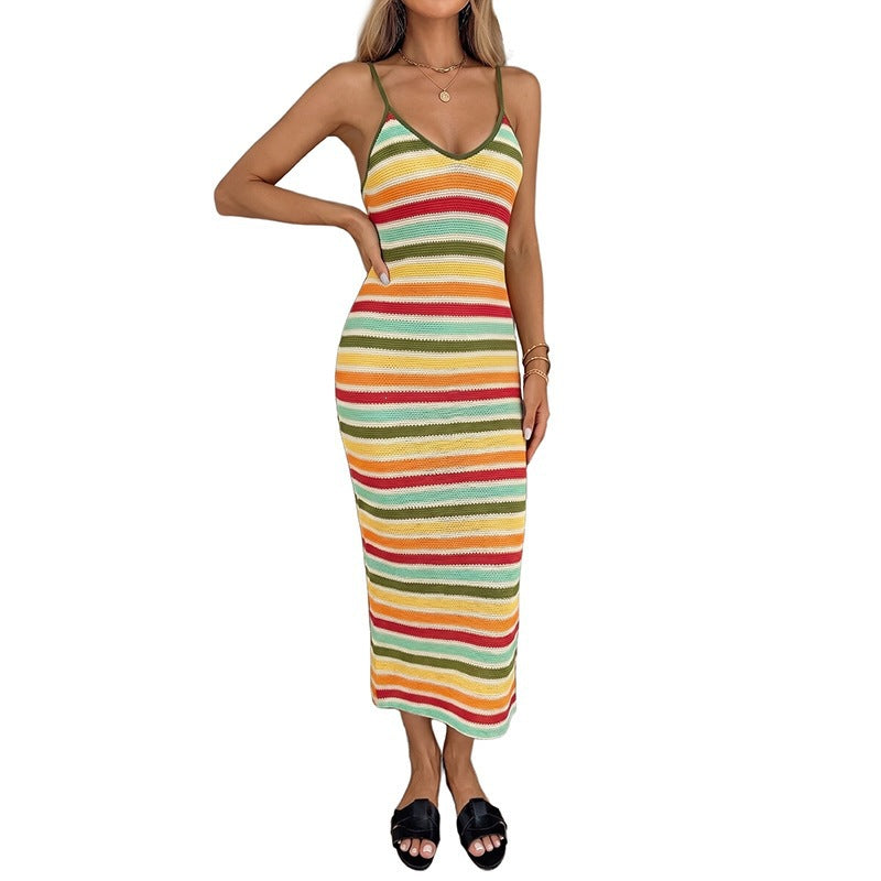 Damen Strick-Kleid im lässigen Streifenmuster mit schmalen Spaghetti-Trägern Skovae