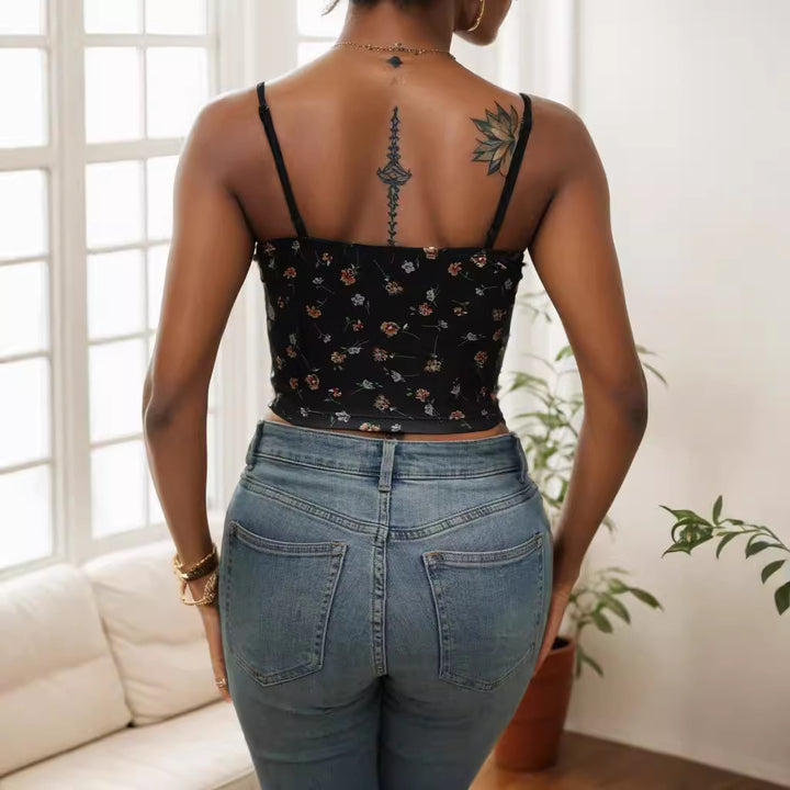 Dame blond cami-top med blomsterdesign Skovae