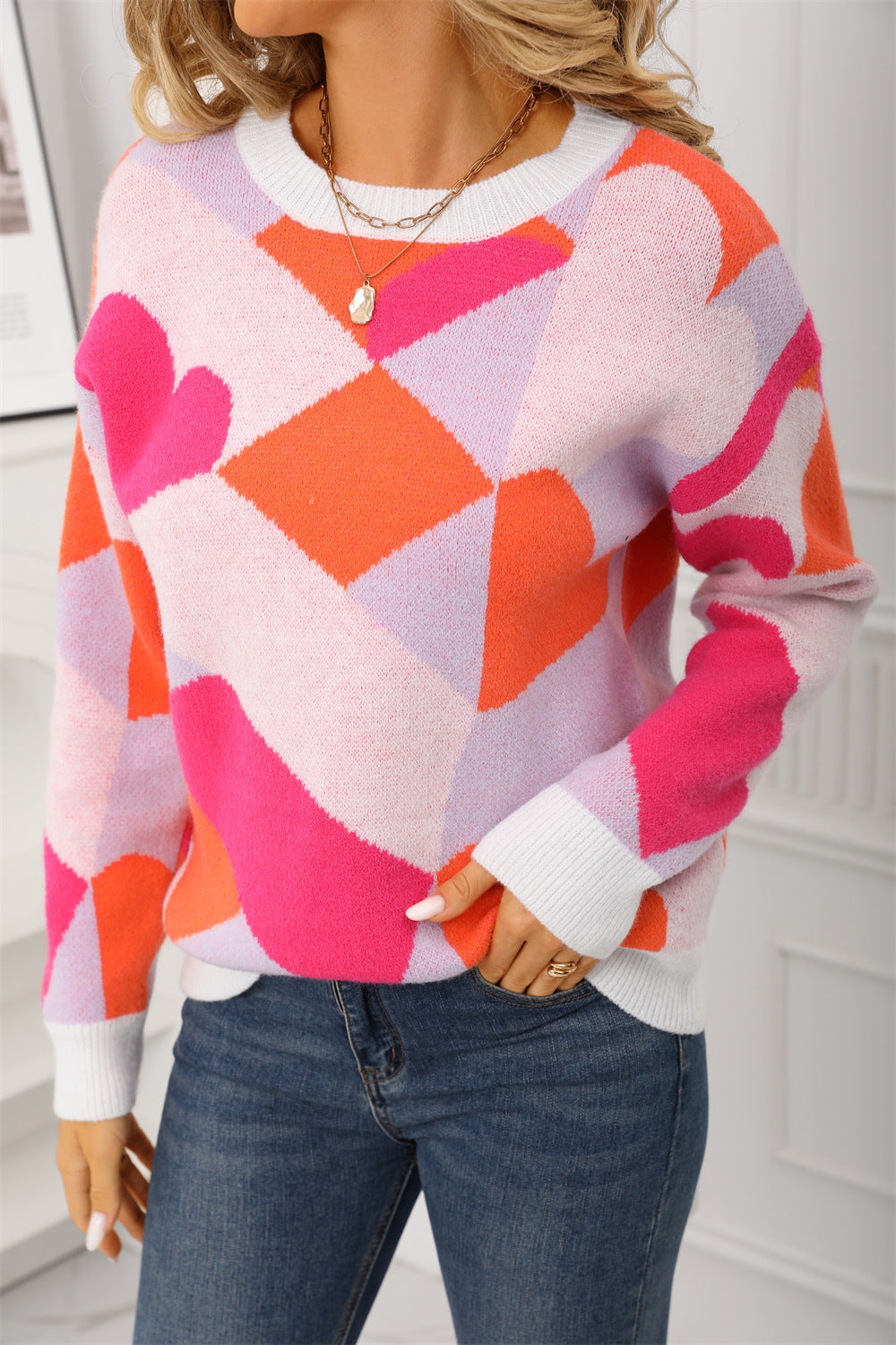 Damer fashionable sweater i kreativt geometrisk mønster Stilla