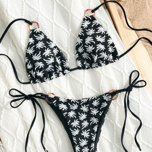 Dame Triangel-Bikini-Sæt med legesygt palmeblad-mønster og justerbare bindebånd Stilla