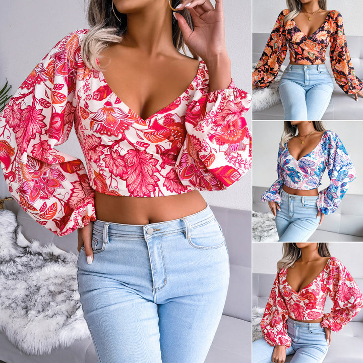 Dame Cropped Bluse med farverigt blomstret design og pufærmer Stilla
