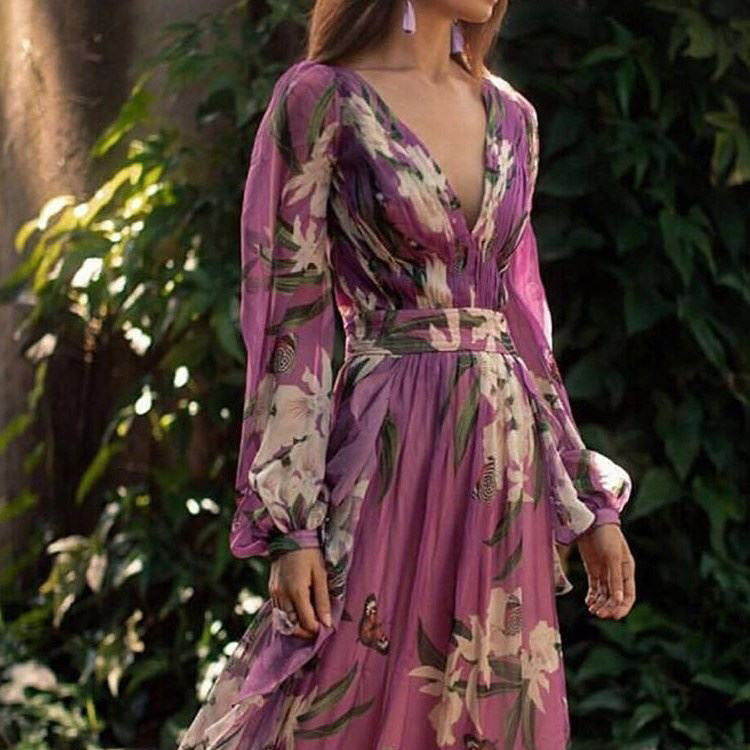 Dame Maxikjole i gennemsigtig chiffon-look med floral mønsterblanding og voluminøse ærmer Stilla