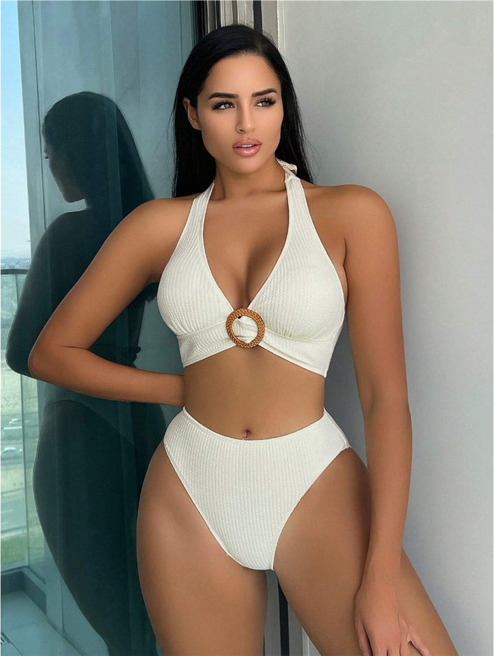 Dame Højskåret Bikini med elegant Ringdekoration og struktureret Top Stilla