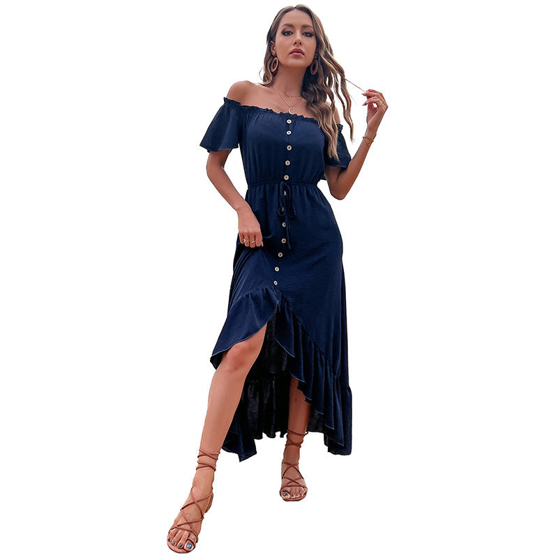 Dame Off-Shoulder Knaplukning Maxikjole med Flæsekanter Stilla