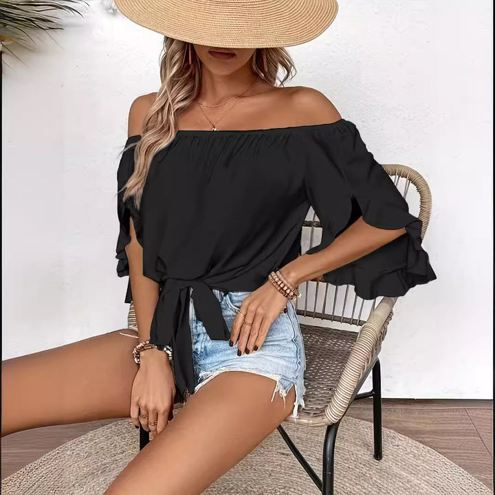 Dame off-shoulder bluse med flæsedetaljer og taljebinding Skovae