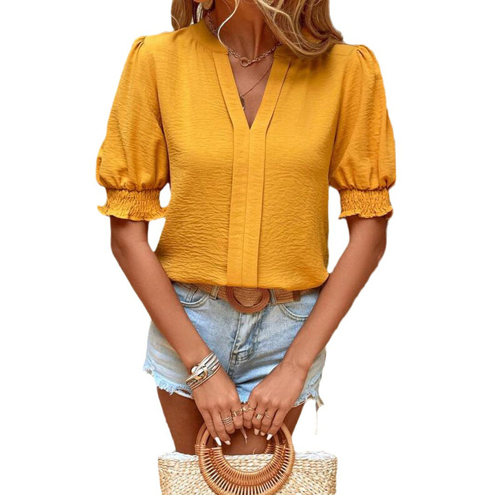 Damer Elegant Bluse med Rüshedetaljer og V-Udsnit Stilla