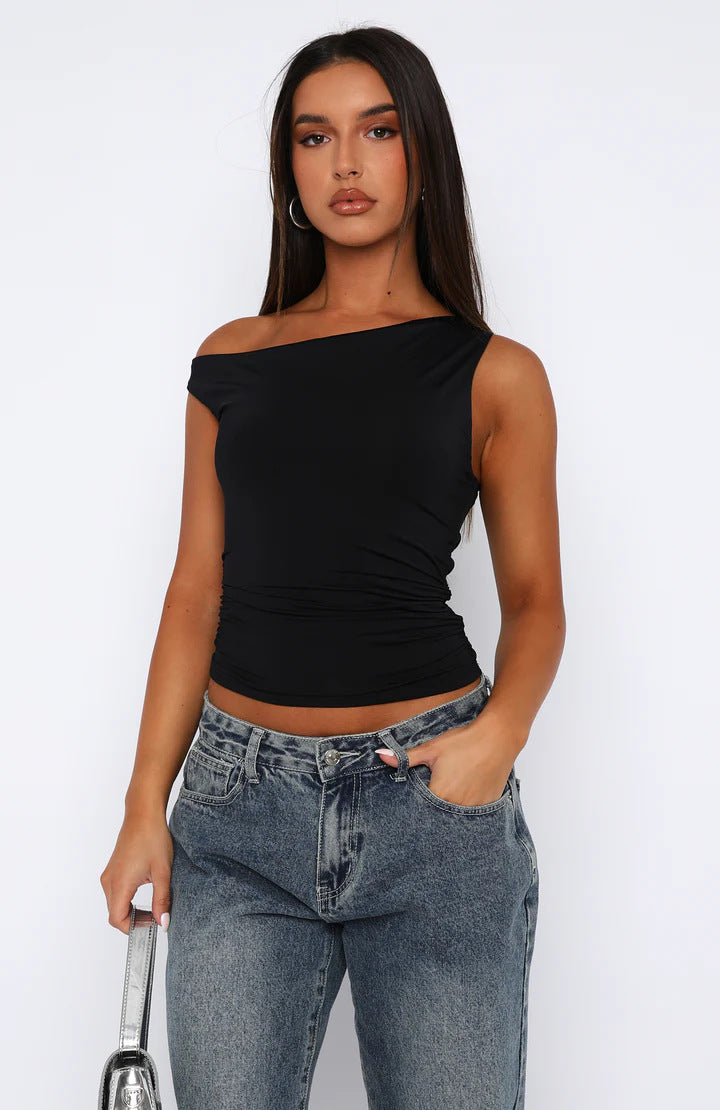 Dame Crop-Top med blomstret design og off-shoulder skæring Skovae
