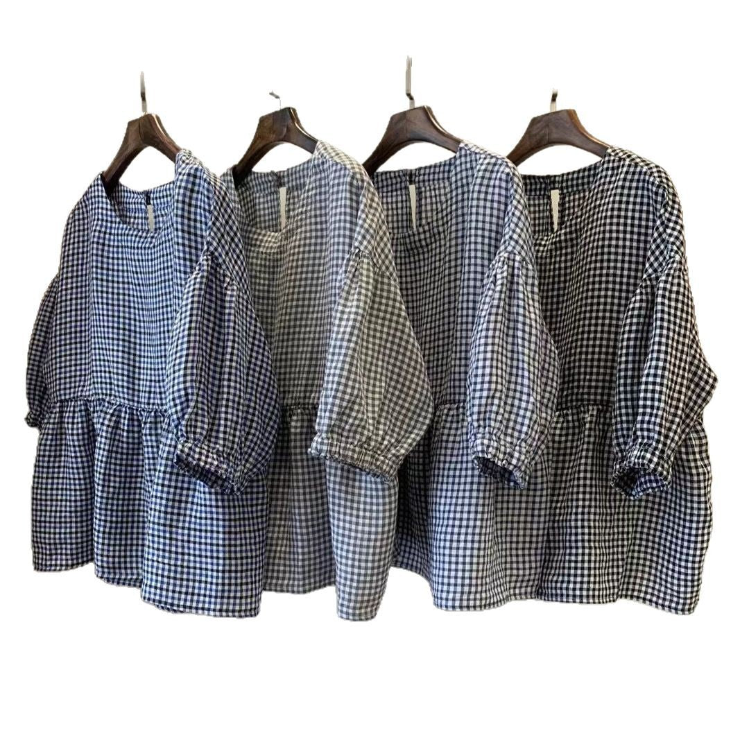Dame Gingham Peplum-top med pufærmer Stilla