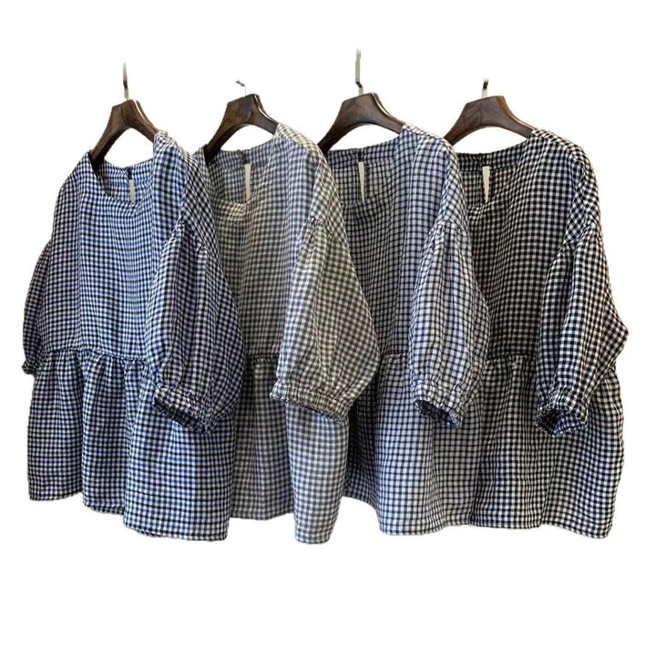 Dame Gingham Peplum-top med pufærmer Stilla
