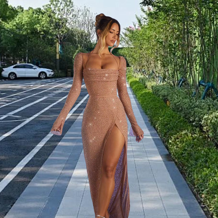Damer Glamour maxi kjole med glansfulde detaljer og side split Skovae