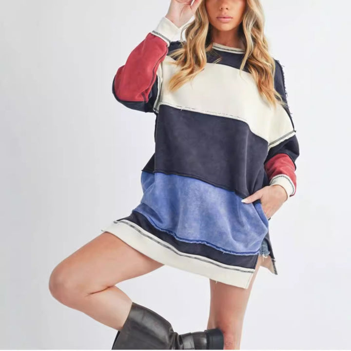 Dame Oversized Strikpullover med fashionable farveblockdesign Stilla
