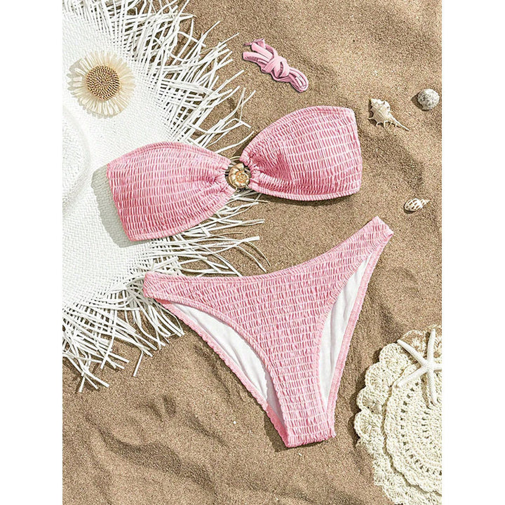 Dame Bandeau-bikini med rynker og blomsteraccent Skovae