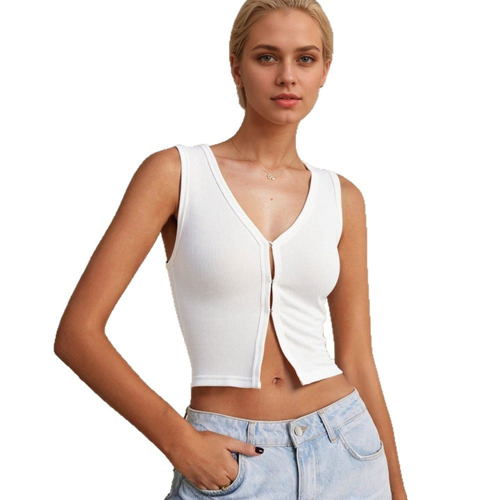Kvindernes cropped top med dyb V-hals og dekorativ knapdesign Stilla
