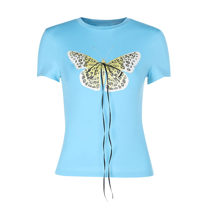 Dame Basic T-shirt med levende sommerfugletryk og justerbar snøre Skovae