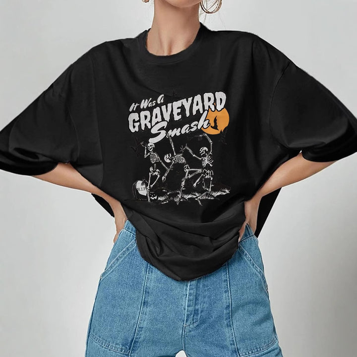 Dame T-shirt med kunstnerisk skeletmotiv og unikt tryk Skovae