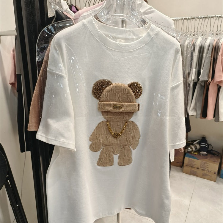 Dame T-shirt med kreativ bjørnemotiv og luksuriøse detaljer Stilla