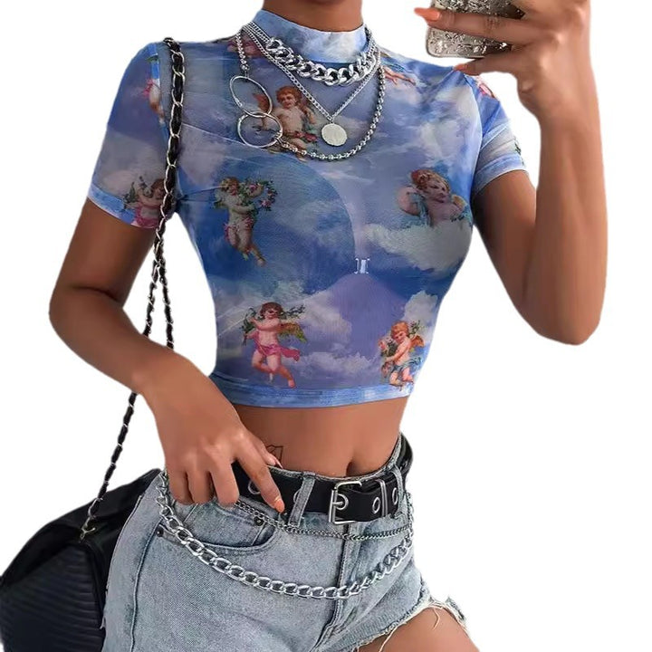Dame Højhalset Crop-top med romantiske Engelmotiver Skovae