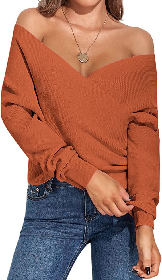 Dame Off-Shoulder Strikketrøje med Wickeldesign Stilla
