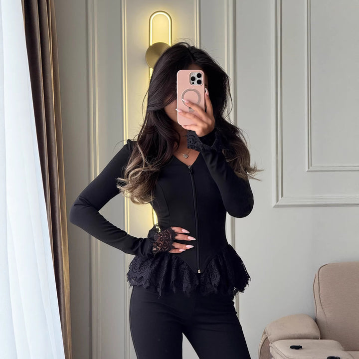 Dame Ruffle Top med Lynlås og Blonde Stilla