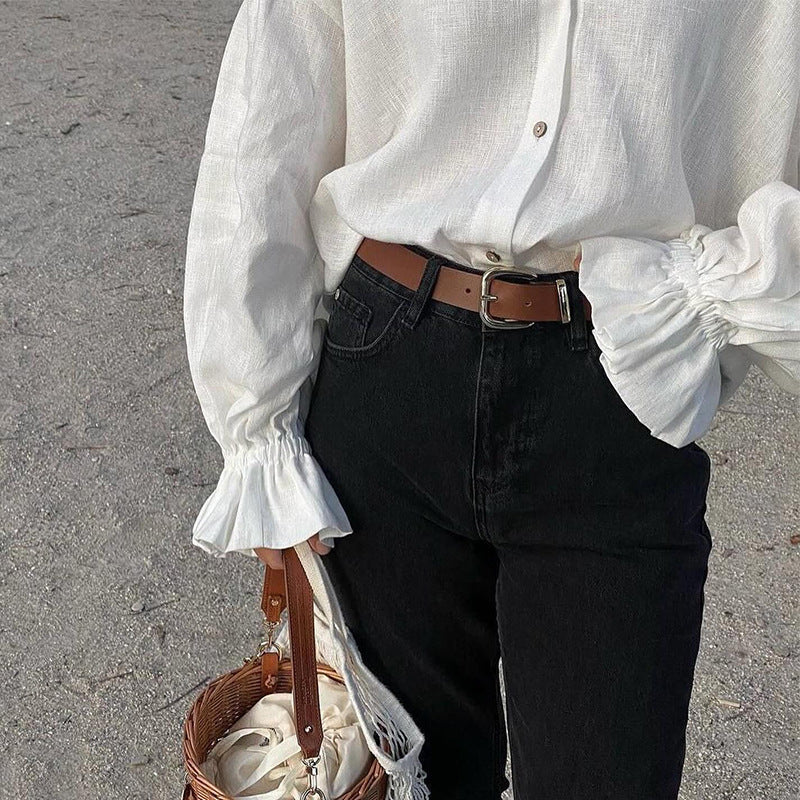 Dame hørbluse med voluminøse ærmer og elegant knapliste Stilla