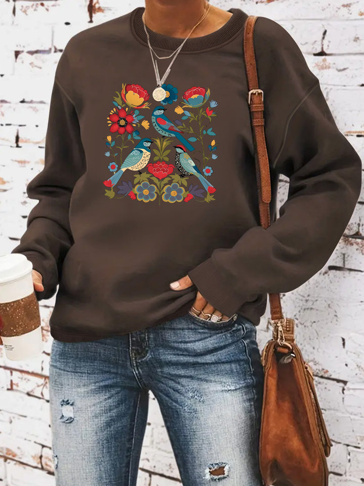 Kvinders sweatshirt med blomsterfuglemotiv og afslappet skæring Stilla
