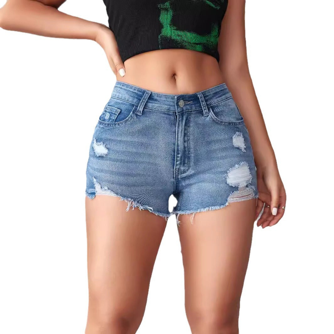 Dame Jeans-Shorts i afslappet Destroyed-design med frynset kant og behagelig pasform Stilla