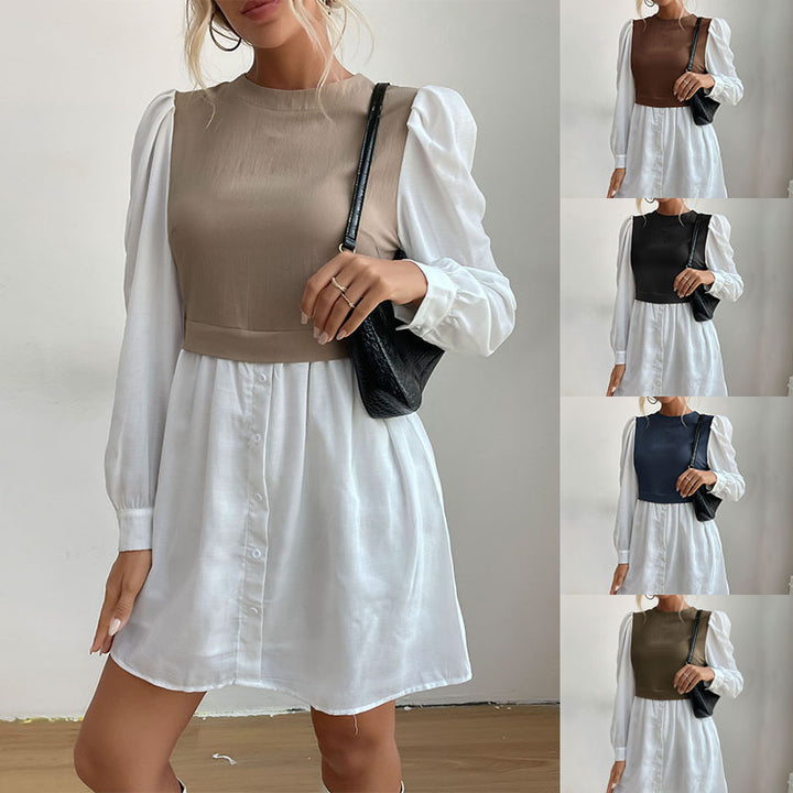 Dame mode skjortekjole med elegante puffærmer og knapbar front Stilla