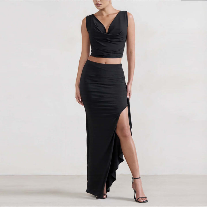 Dame Elegant Crop-Top og Maxi-Nederdel Sæt med høj slids Skovae