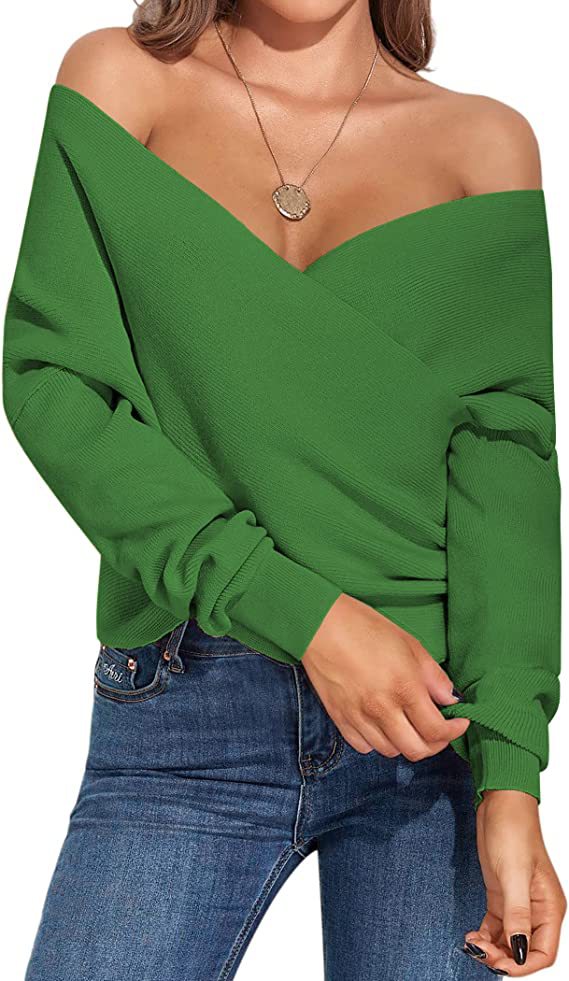 Dame Off-Shoulder Strikketrøje med Wickeldesign Stilla