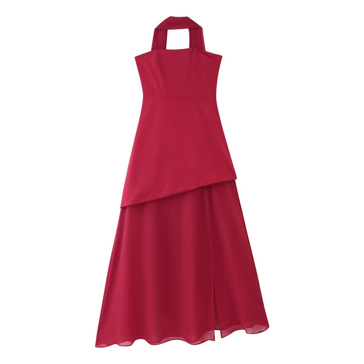 Femme Elegantes Halterneck Maxi Kjole med Draperet Asymmetrisk Kant Stilla