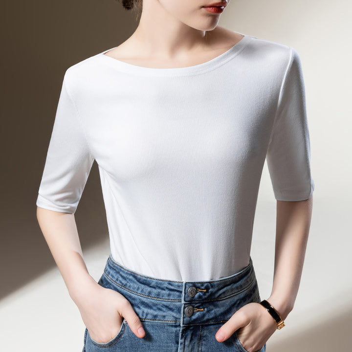 Dame Kortærmet Rib-T-shirt med elegant Rund halsudskæring og figursyet pasform Stilla