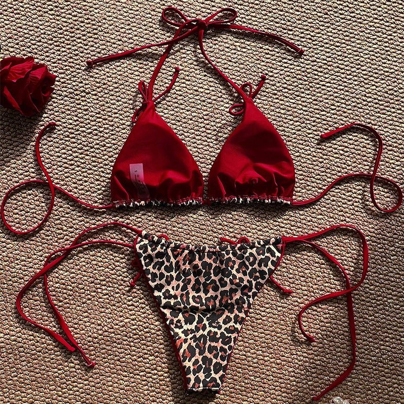 Dame Triangel-Bikini med detaljeret tropemotiv og justerbare bindebånd Skovae
